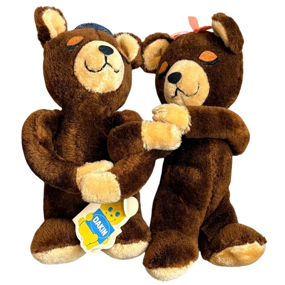 Vintage Dakin Nature Babies Bearhug Plush Set Denim Cap Pink Bow Brown 7in 1970s